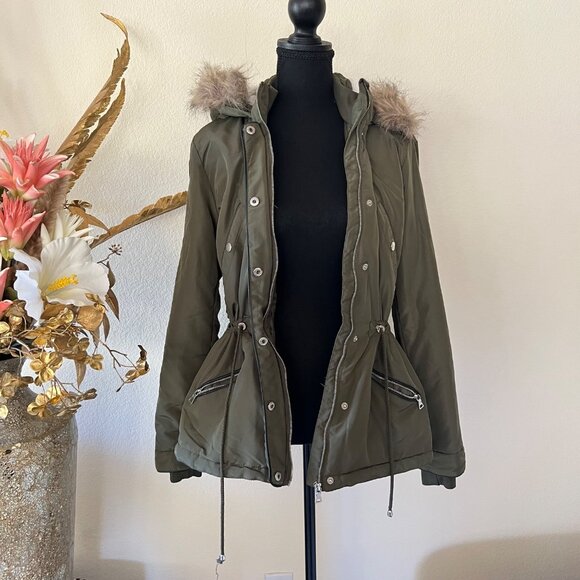 Y2K Miss London Black Label Olive Green Utility Jacket with Fur Trim Hood M - Picture 3 of 12